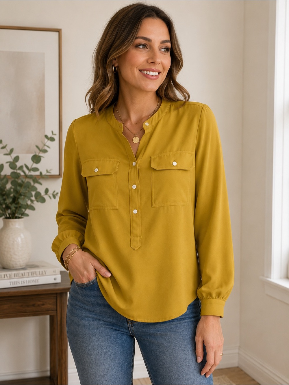 LOFT Mustard Band-Collar Button-Front Blouse